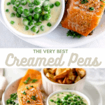 creamed peas on a plate with salmon and potato wedges
