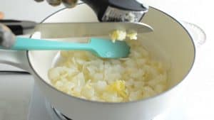 adding garlic to a pan with oil and onion
