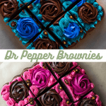 Squares of dr pepper brownies frosted with beautiful pink frosting of rosettes and stars.
