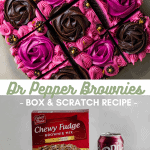 Squares of dr pepper brownies frosted with beautiful pink frosting of rosettes and stars.