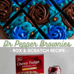 Squares of dr pepper brownies frosted with beautiful blue frosting of rosettes and stars.