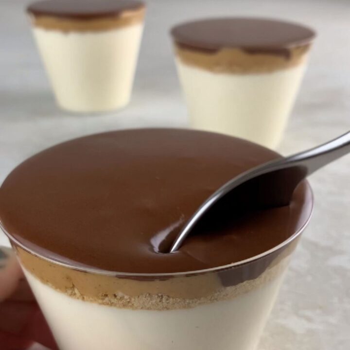 cottage cheese peanut butter cup cheesecake cups topped with chocolate (high-protein)