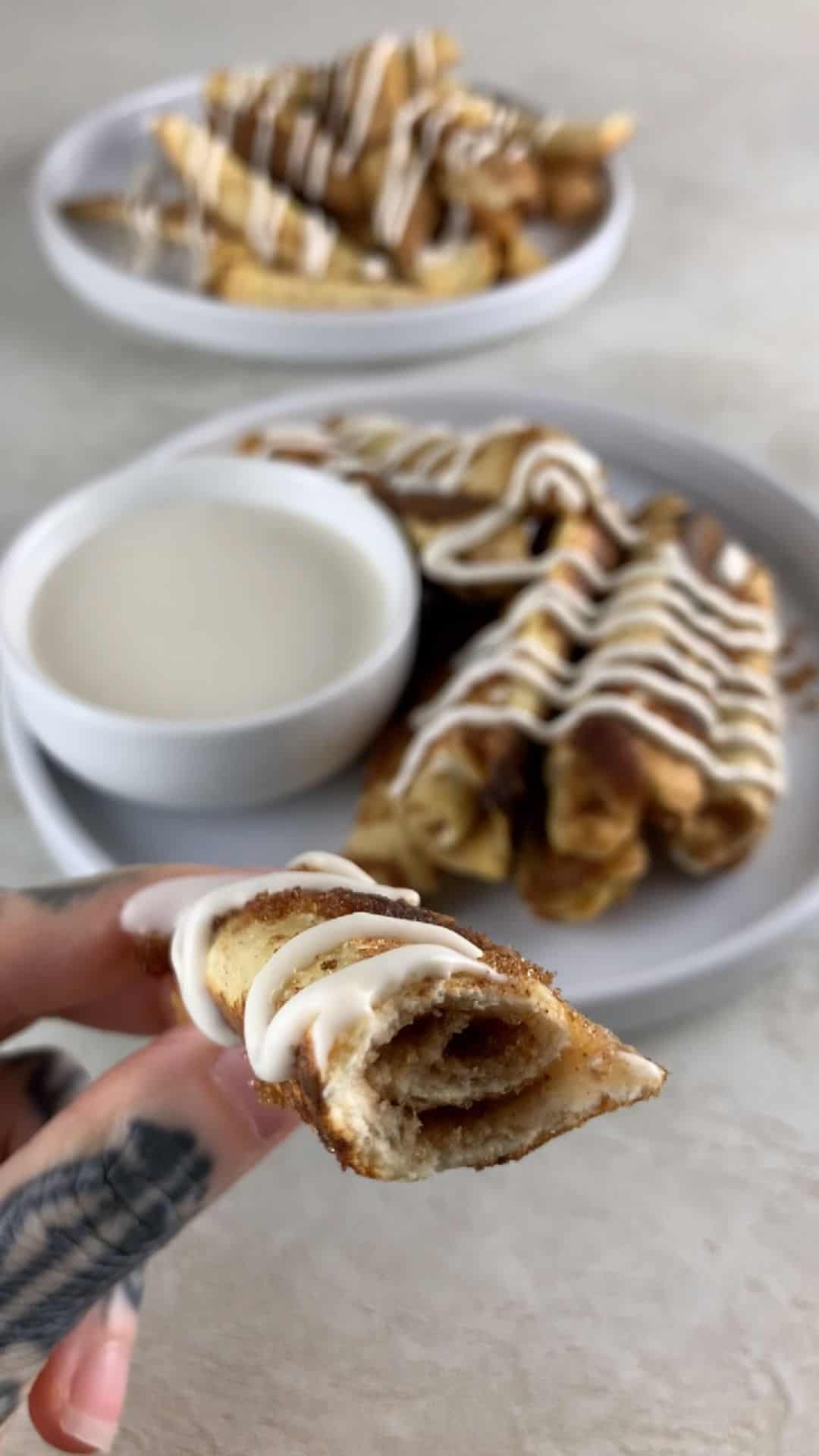 High-protein cinnamon roll French toast sticks, rolled and glazed