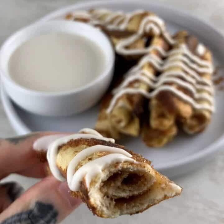 High-protein cinnamon roll French toast sticks, rolled and glazed