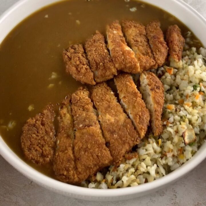 high-protein Japanese chicken katsu cutlet with curry sauce and rice