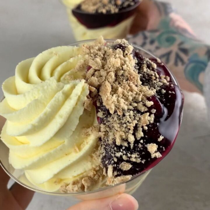 high-protein lemon blueberry fluffy yogurt in a bowl