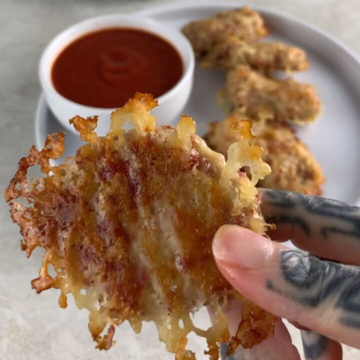 high-protein chicken nuggets with a crispy parmesan crust with side of marina sauce.